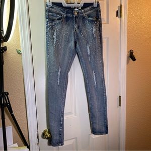 Para Women 11 Slim Jeans Distressed Pockets Rhinestones Faded Blue Stretch Relax